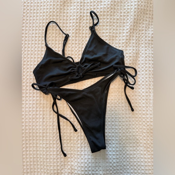 Women’s Black Ribbed Drawstring Bikini Set Size Small - Picture 7 of 10